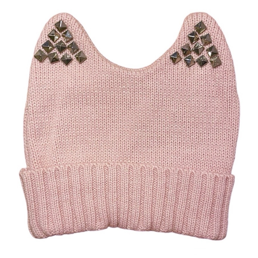 Pink Studded Cat Ear Knit Beanie Hat